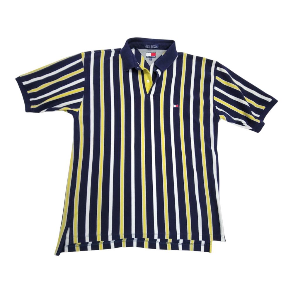 Tommy Hilfiger Polo Shirt Mens 2XL XXL Navy Yellow White Striped Short Sleeve